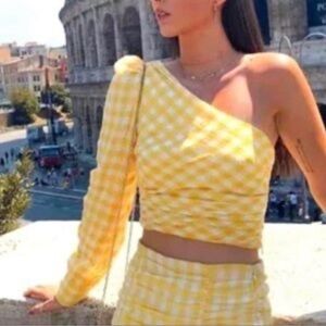 Zara Yellow Gingham One-Shoulder Cropped Top